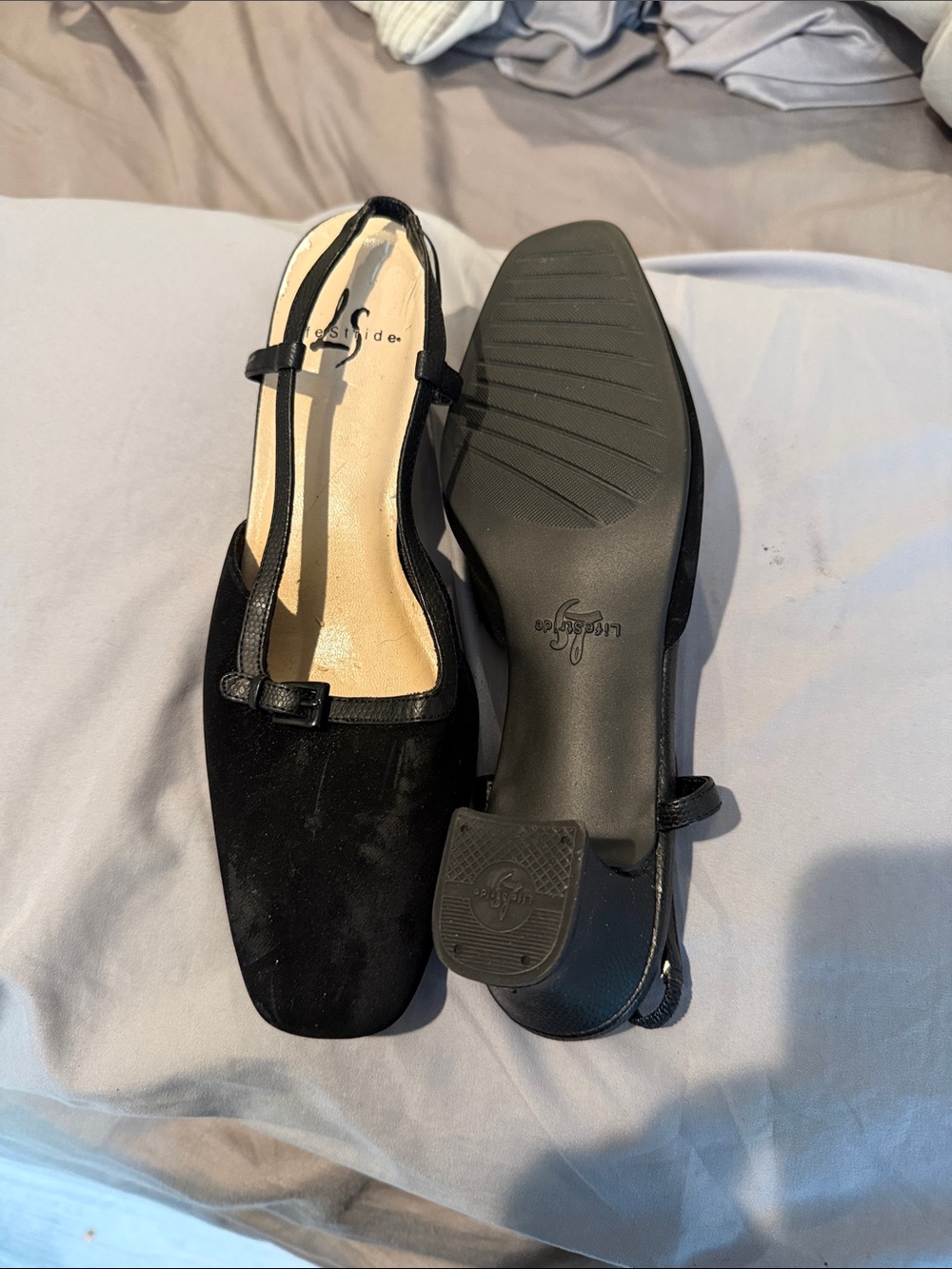 Life Stride Black T‑Strap Square Toe Slingback Flats
